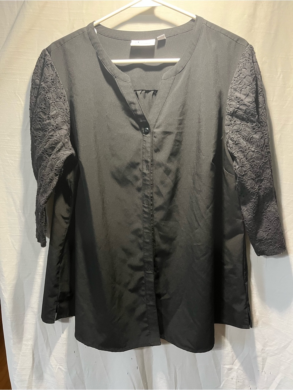 Womens Black Button-Front Blouse with Lace Sleeves